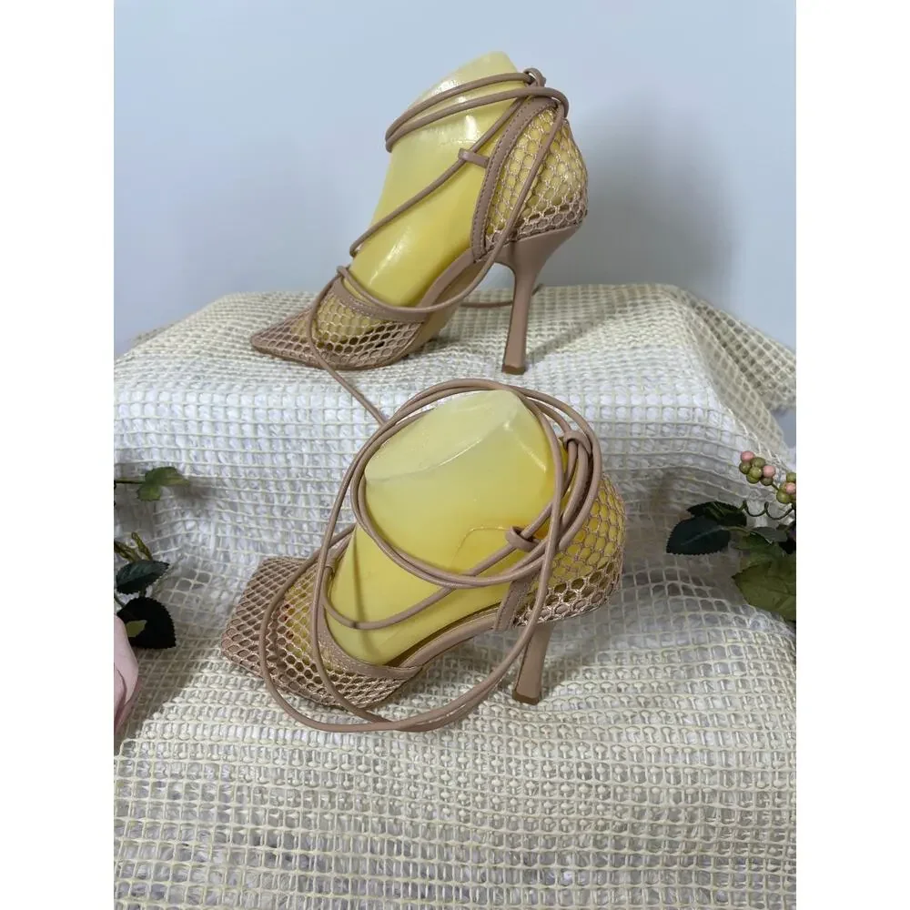 EGO Strappy Heeled Sandals Womens Size 5 Beige Mesh Clean Girl Minimalist Baddie